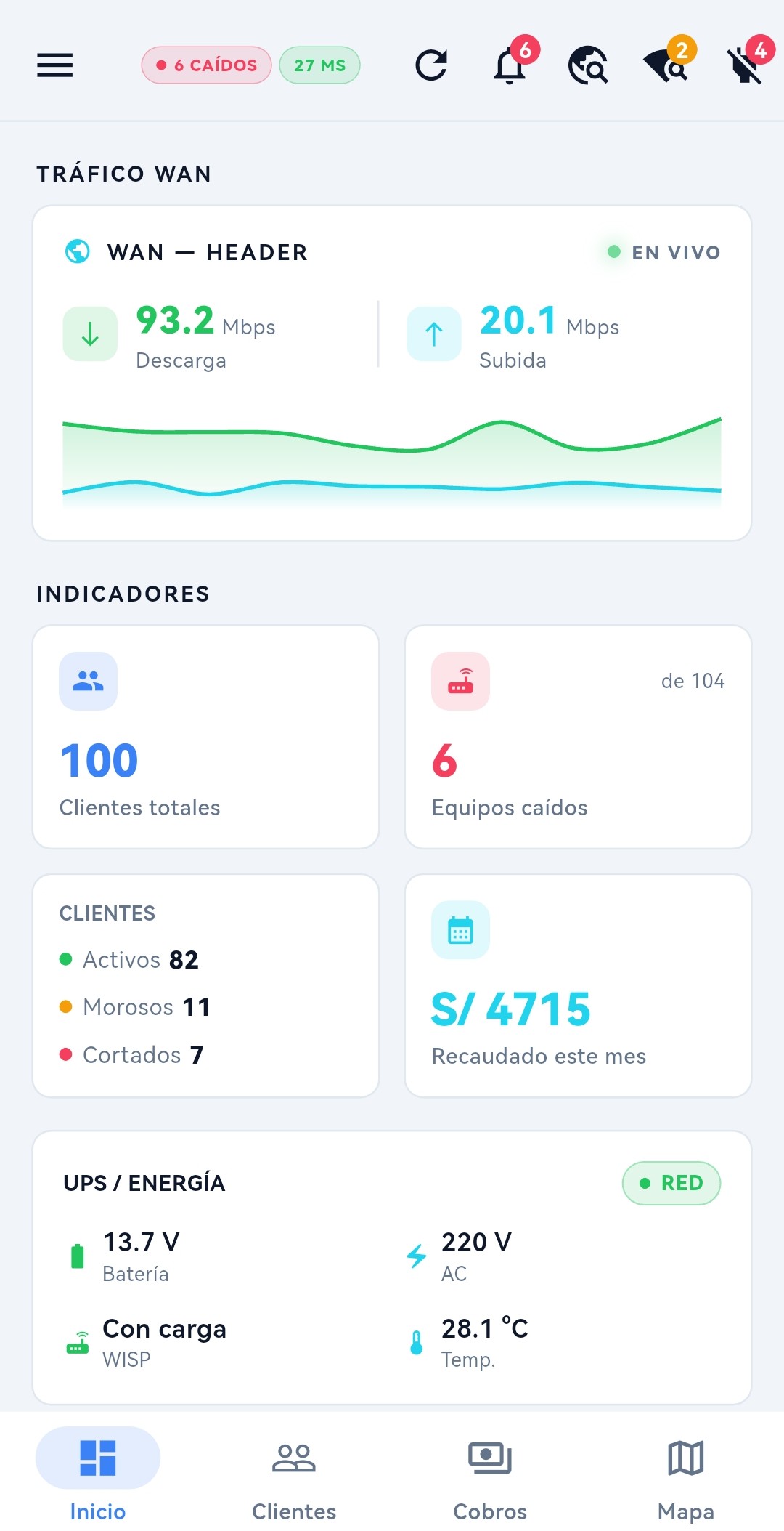 Captura real del panel móvil de ISP Manager